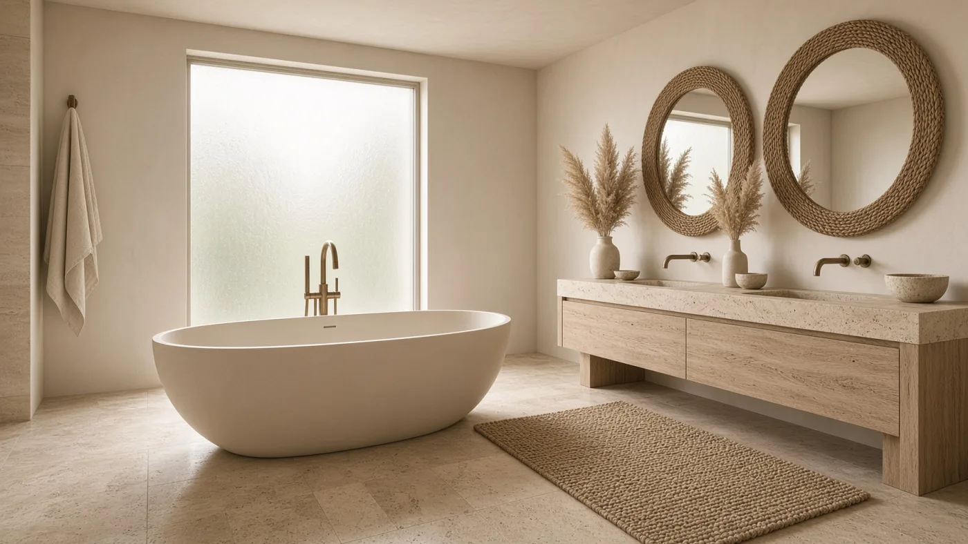 A calm travertine bathroom with a freestanding tub, double vanity and woven mirrors.