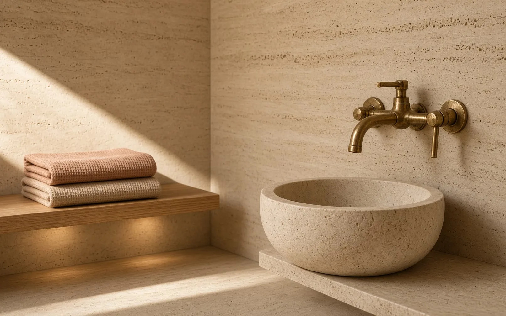 A travertine bathroom corner with a stone basin, aged brass tap and folded waffle-linen towels on an oak ledge.