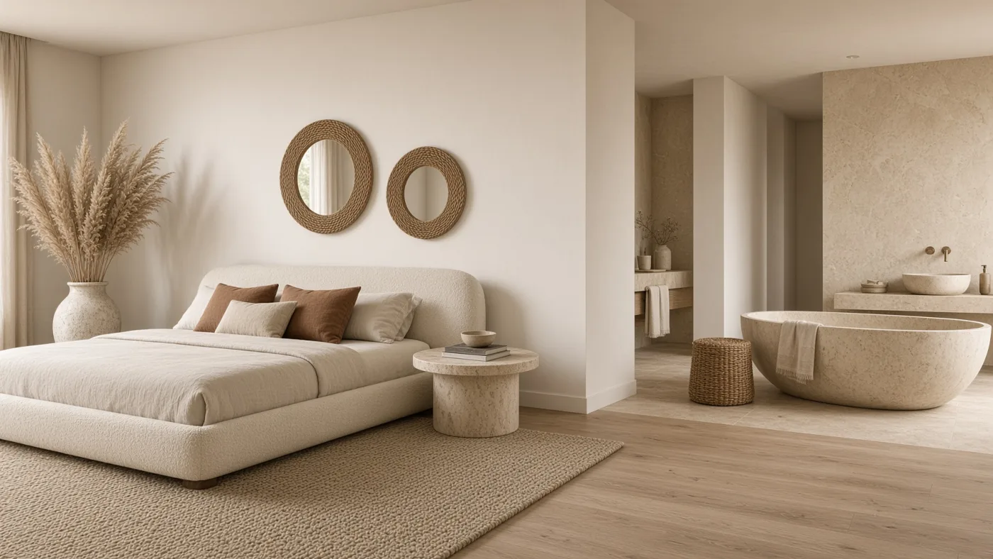A serene bedroom in boucle and linen opening onto a travertine ensuite with a stone tub.