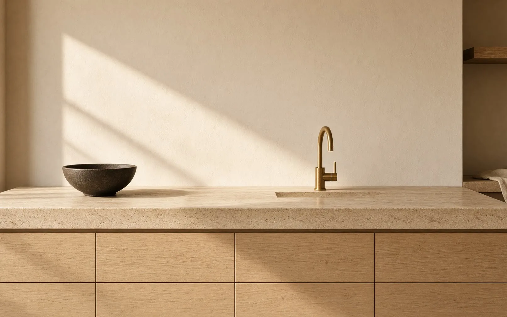A long travertine kitchen counter in warm afternoon light, with a dark stone bowl and an aged brass tap.