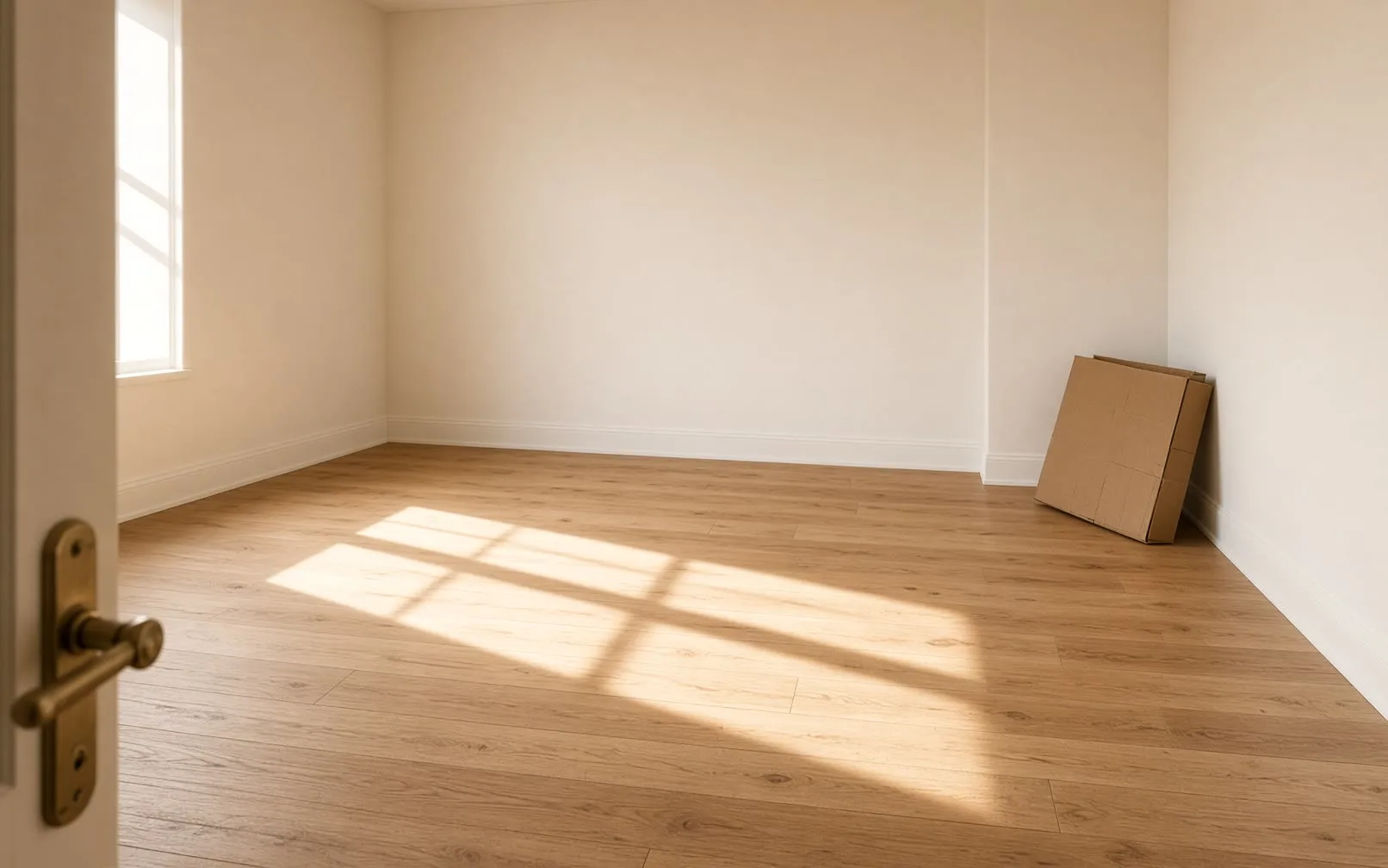 An empty room with pale oak floorboards, one broad shaft of afternoon sun and a flattened cardboard box in the corner.