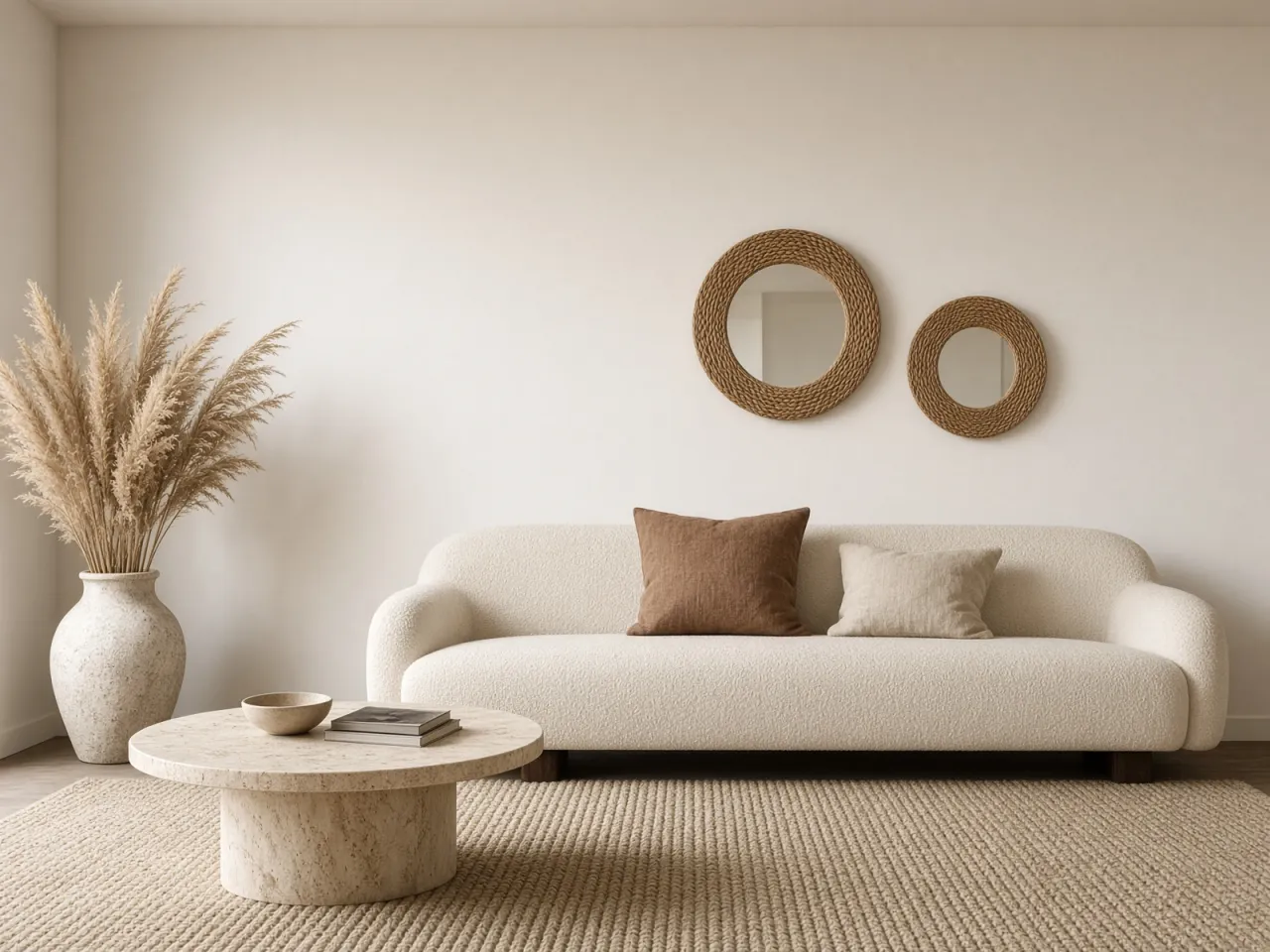 A cream boucle sofa against a plain plaster wall.